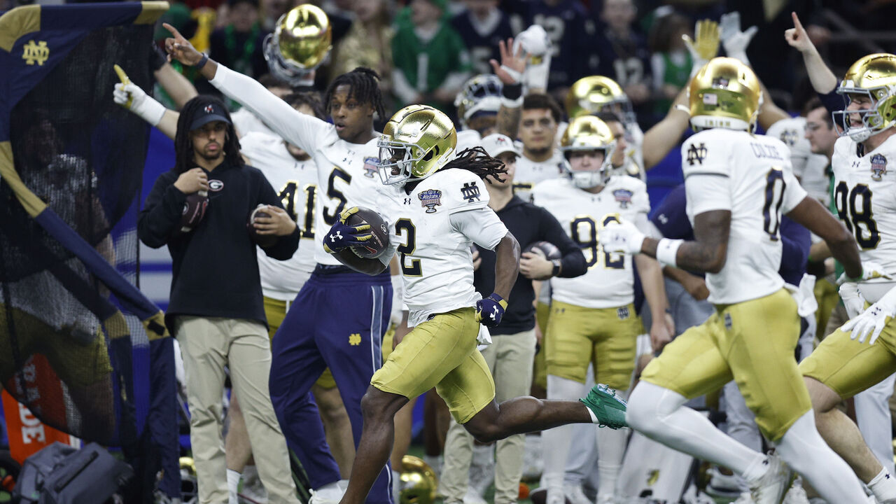 NEW ORLEANS, LOUISIANA - JANUARY 02: Jayden Harrison #2 of the Notre Dame Fighting Irish returns the second-half kickoff for a touchdown during the third quarter against the Georgia Bulldogs during the 91st Allstate Sugar Bowl at Caesars Superdome on January 02, 2025 in New Orleans, Louisiana.