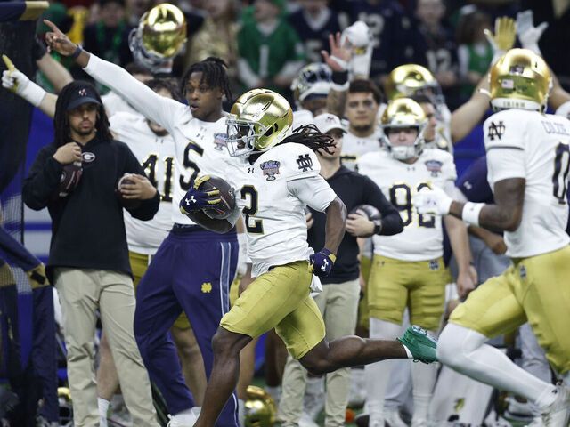 NEW ORLEANS, LOUISIANA - JANUARY 02: Jayden Harrison #2 of the Notre Dame Fighting Irish returns the second-half kickoff for a touchdown during the third quarter against the Georgia Bulldogs during the 91st Allstate Sugar Bowl at Caesars Superdome on January 02, 2025 in New Orleans, Louisiana.