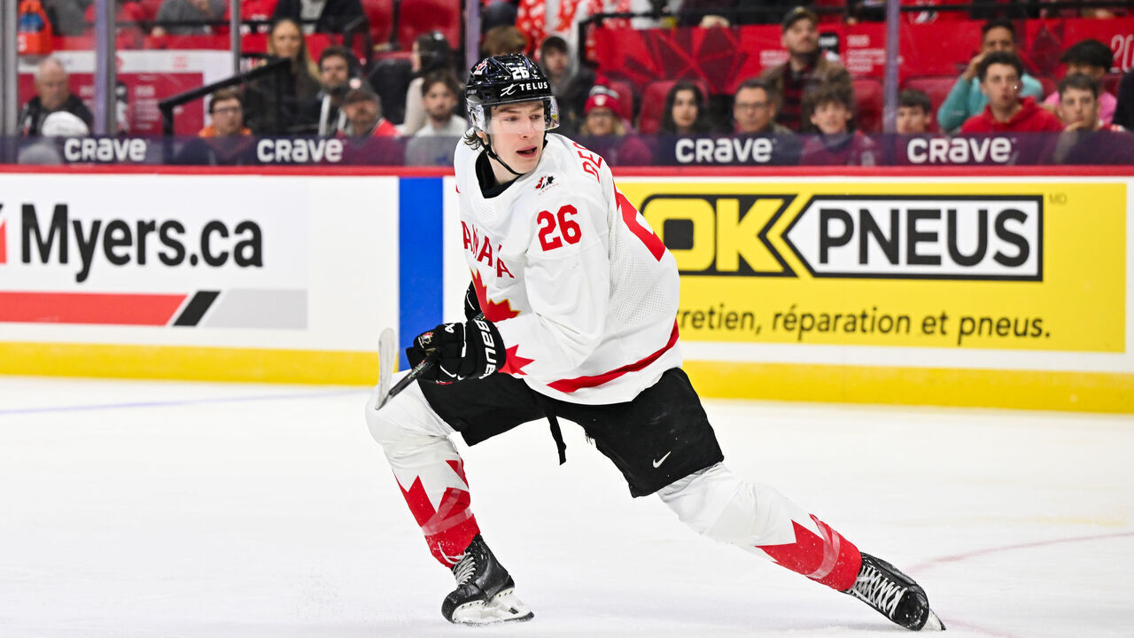 OTTAWA, CANADA - DECEMBER 26: Cole Beaudoin #26 of Team Canada skates in the second period of the Group A match against Team Finland during the 2025 IIHF World Junior Championship at Canadian Tire Centre on December 26, 2024 in Ottawa, Ontario, Canada. Team Canada defeated Team Finland 4-0.