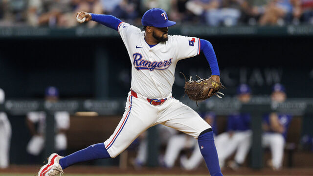 ARLINGTON, TX - SEPTEMBER 03: Grant Anderson #65 of the Texas Rangers pitches during a game against the New York Yankees at Globe Life Field on September 03, 2024 in Arlington, Texas.