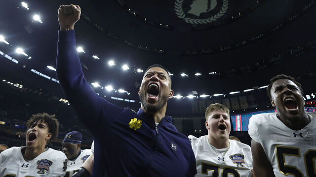 NEW ORLEANS, LOUISIANA - JANUARY 02: Head coach Marcus Freeman of the Notre Dame Fighting Irish celebrates with his team after a 23-10 victory against the Georgia Bulldogs in the 91st Allstate Sugar Bowl at Caesars Superdome on January 02, 2025 in New Orleans, Louisiana.