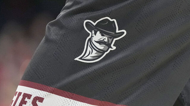 LYNCHBURG, VA - FEBRUARY 29: The the New Mexico State Aggies logo shown on a pair of shorts during a college basketball game against the Liberty Flames at the Liberty Arena on February 29, 2024 in Lynchburg, Virginia.