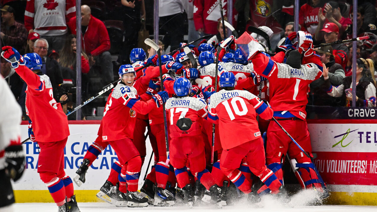 OTTAWA, CANADA - JANUARY 02: Team Czechia celebrates a victory against Team Canada in the quarterfinal match during the 2025 IIHF World Junior Championship at Canadian Tire Centre on January 2, 2025 in Ottawa, Ontario, Canada. Team Czechia defeated Team Canada 4-3.