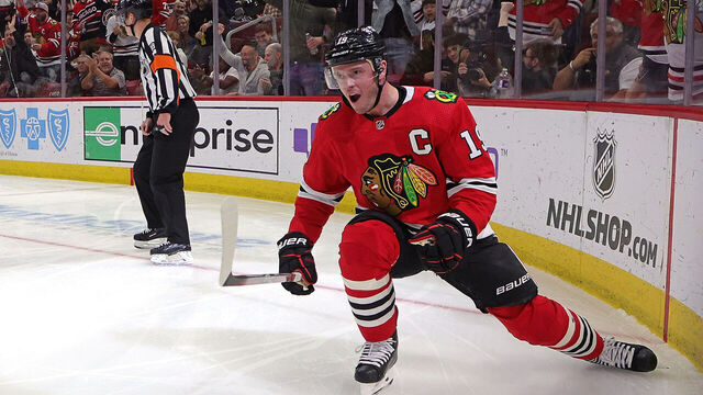 CHICAGO, ILLINOIS - APRIL 13: Jonathan Toews #19 of the Chicago Blackhawks celebrates a goal against the Philadelphia Flyers during the second period at United Center on April 13, 2023 in Chicago, Illinois.