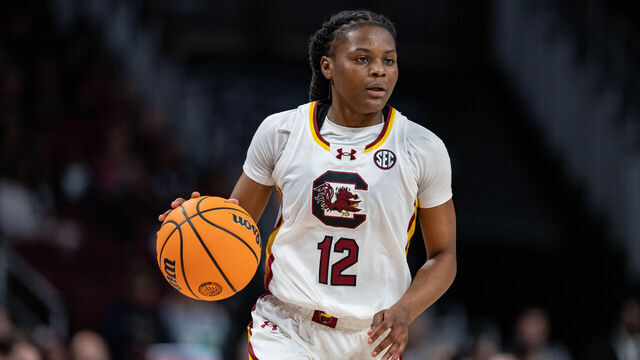 COLUMBIA, SOUTH CAROLINA - DECEMBER 29: MiLaysia Fulwiley #12 of the South Carolina Gamecocks brings the ball up court against the Wofford Terriers during their game at Colonial Life Arena on December 29, 2024 in Columbia, South Carolina.
