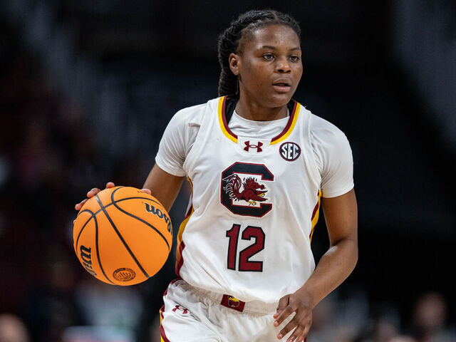 COLUMBIA, SOUTH CAROLINA - DECEMBER 29: MiLaysia Fulwiley #12 of the South Carolina Gamecocks brings the ball up court against the Wofford Terriers during their game at Colonial Life Arena on December 29, 2024 in Columbia, South Carolina.