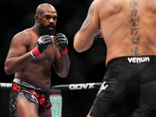 NEW YORK, NEW YORK - NOVEMBER 16: (L-R) Jon Jones of the United States of America faces Stipe Miocic of the United States of America in the UFC heavyweight championship fight during the UFC 309 event at Madison Square Garden on November 16, 2024 in New York City.