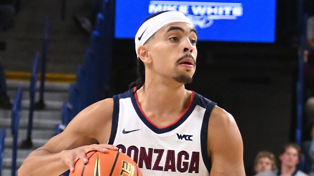 SPOKANE, WASHINGTON - DECEMBER 21: Ryan Nembhard #0 of the Gonzaga Bulldogs eyes the court during the second half of the game against the Bucknell Bison at McCarthey Athletic Center on December 21, 2024 in Spokane, Washington.