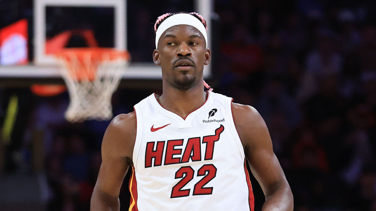 MIAMI, FLORIDA - JANUARY 01: Jimmy Butler #22 of the Miami Heat looks on against the New Orleans Pelicans during the second quarter of the game at Kaseya Center on January 01, 2025 in Miami, Florida.