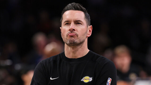 Los Angeles, CA, Thursday, January 2, 2025 - Lakers head coach JJ Redick ponders his next move during a time out in a game against the Portland Trail Blazers at Crypto.com Arena. (Robert Gauthier/Los Angeles Times via Getty Images)