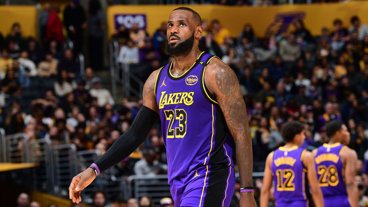 LOS ANGELES, CA - JANUARY 3: LeBron James #23 of the Los Angeles Lakers looks on during the game against the Atlanta Hawks on January 3, 2025 at Crypto.Com Arena in Los Angeles, California. NOTE TO USER: User expressly acknowledges and agrees that, by downloading and/or using this Photograph, user is consenting to the terms and conditions of the Getty Images License Agreement. Mandatory Copyright Notice: Copyright 2025 NBAE