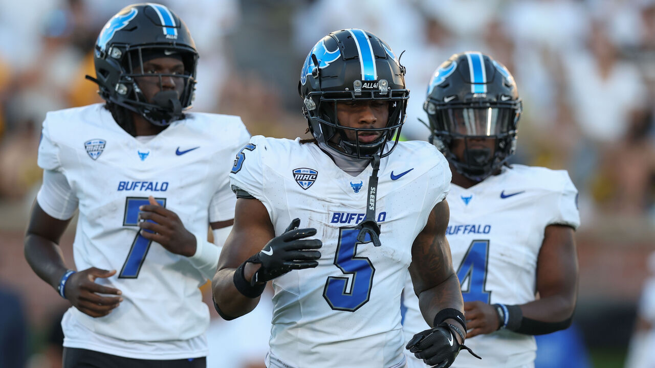 COLUMBIA, MO - SEPTEMBER 07: Buffalo Bulls Al-Jay Henderson (5), C.J. Ogbonna (7) and Jacqez Barksdale (4) run onto the field to start a drive in the second quarter of a college football game between the Buffalo Bulls and Missouri Tigers on September 7, 2024 at Memorial Stadium in Columbia, MO.