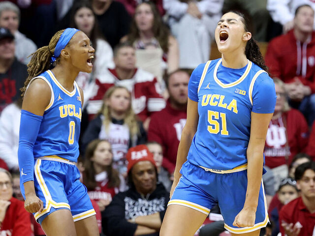 BLOOMINGTON, INDIANA - JANUARY 04: Janiah Barker #0 and Lauren Betts #51of the UCLA Bruins celebrate in the first half against the Indiana Hoosiers at Simon Skjodt Assembly Hall on January 04, 2025 in Bloomington, Indiana.
