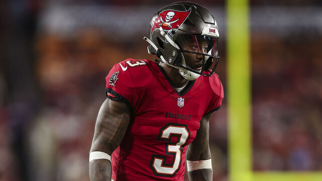 TAMPA, FLORIDA - OCTOBER 21: Jordan Whitehead #3 of the Tampa Bay Buccaneers lines up before the snap during an NFL football game against the Baltimore Ravens at Raymond James Stadium on October 21, 2024 in Tampa, Florida.