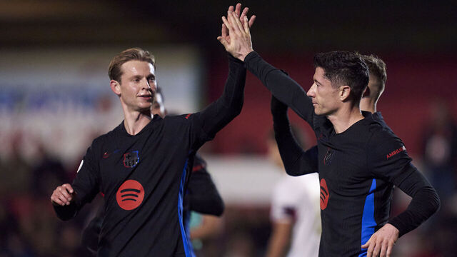 BARBASTRO, SPAIN - JANUARY 04: Players of FC Barcelona celebrating their team's second goal scored by Robert Lewandowski during the Copa del Rey Round of 32 match between FC Barcelona and UD Barbastro at Campo Municipal de Deportes on January 04, 2025 in Barbastro, Spain.