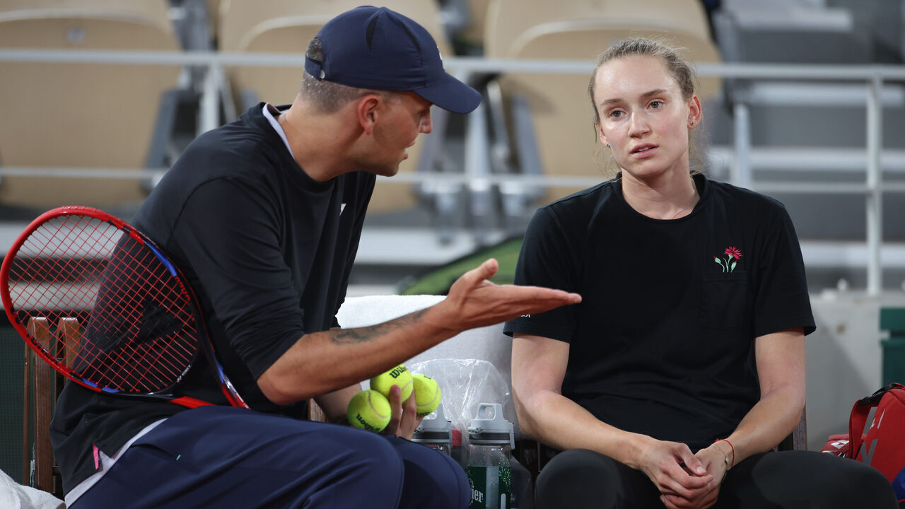 PARIS, FRANCE - MAY 22. Elena Rybakina of Kazakhstan with coach Stefano Vukov during a training match against Aryna Sabalenka of Belarus on Court Philippe-Chatrier in preparation for the 2024 French Open Tennis Tournament at Roland Garros on May 22nd, 2024, in Paris, France.