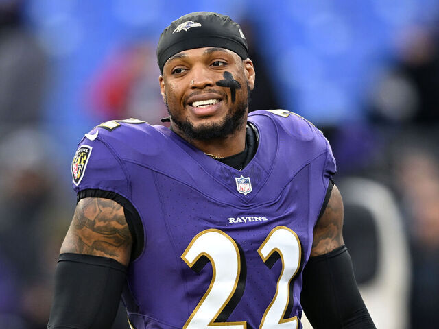 BALTIMORE, MARYLAND - JANUARY 04: Derrick Henry #22 of the Baltimore Ravens looks on before the game against the Cleveland Browns at M&T Bank Stadium on January 04, 2025 in Baltimore, Maryland.