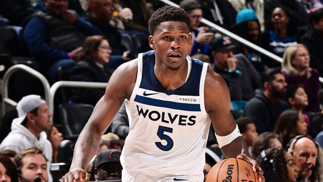 DETROIT, MI - JANUARY 4: Anthony Edwards #5 of the Minnesota Timberwolves drives to the basket during the game against the Detroit Pistons on January 4, 2025 at Little Caesars Arena in Detroit, Michigan. NOTE TO USER: User expressly acknowledges and agrees that, by downloading and/or using this photograph, User is consenting to the terms and conditions of the Getty Images License Agreement. Mandatory Copyright Notice: Copyright 2025 NBAE