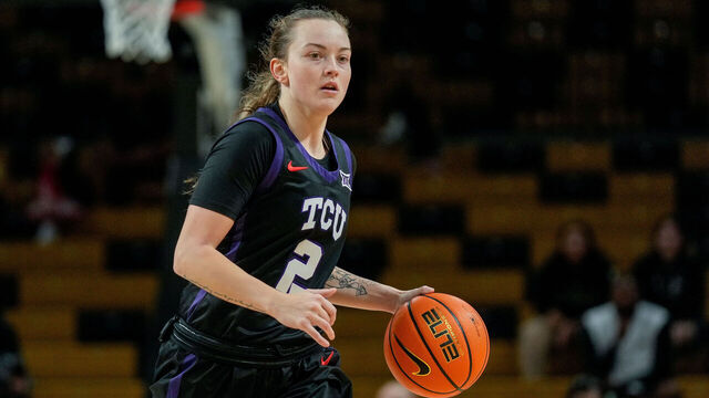 ORLANDO, FL - DECEMBER 21: TCU Horned Frogs guard Madison Conner (2) dribbles ahead during a game between TCU Horned Frogs and the UCF Knights on December 21, 2024 at Addition Financial Arena in Orlando, Fl