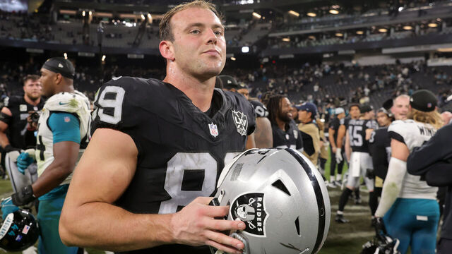 LAS VEGAS, NEVADA - DECEMBER 22: Brock Bowers #89 of the Las Vegas Raiders leaves the field after a game against the Jacksonville Jaguars at Allegiant Stadium on December 22, 2024 in Las Vegas, Nevada.