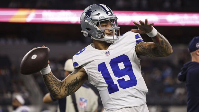 ARLINGTON, TEXAS - DECEMBER 22: Trey Lance #19 of the Dallas Cowboys warms up prior to an NFL football game against the Tampa Bay Buccaneers at AT&T Stadium on December 22, 2024 in Arlington, Texas.