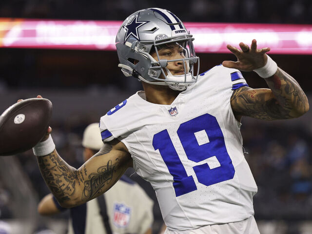 ARLINGTON, TEXAS - DECEMBER 22: Trey Lance #19 of the Dallas Cowboys warms up prior to an NFL football game against the Tampa Bay Buccaneers at AT&T Stadium on December 22, 2024 in Arlington, Texas.
