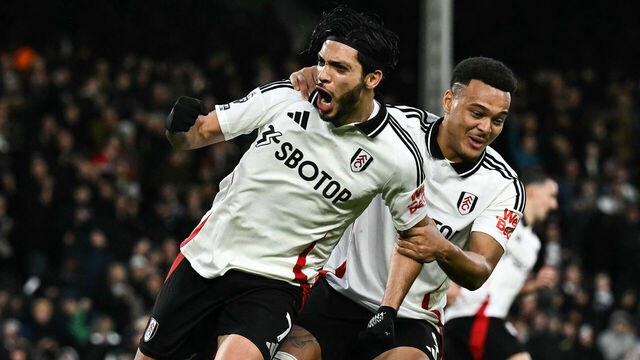 Fulham's Mexican striker #07 Raul Jimenez (L) celebrates with teammates after scoring his team second goal during the English Premier League football match between Fulham and Ipswich Town at Craven Cottage in London on January 5, 2025.