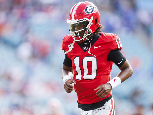 JACKSONVILLE, FLORIDA - NOVEMBER 02: Jaden Rashada #10 of the Georgia Bulldogs looks on before the start of a game against the Florida Gators at EverBank Stadium on November 02, 2024 in Jacksonville, Florida.