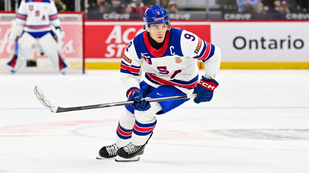 OTTAWA, CANADA - DECEMBER 26: Ryan Leonard #9 of Team USA skates in the third period against Team Germany of the Group A match during the 2025 IIHF World Junior Championship at Canadian Tire Centre December 26, 2024 in Ottawa, Ontario, Canada. Team USA defeated Team Germany 10-4.