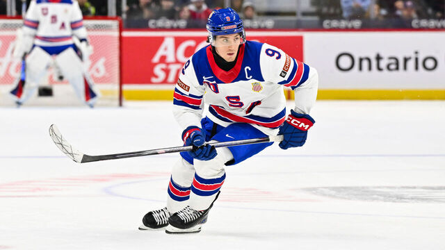 OTTAWA, CANADA - DECEMBER 26: Ryan Leonard #9 of Team USA skates in the third period against Team Germany of the Group A match during the 2025 IIHF World Junior Championship at Canadian Tire Centre December 26, 2024 in Ottawa, Ontario, Canada. Team USA defeated Team Germany 10-4.