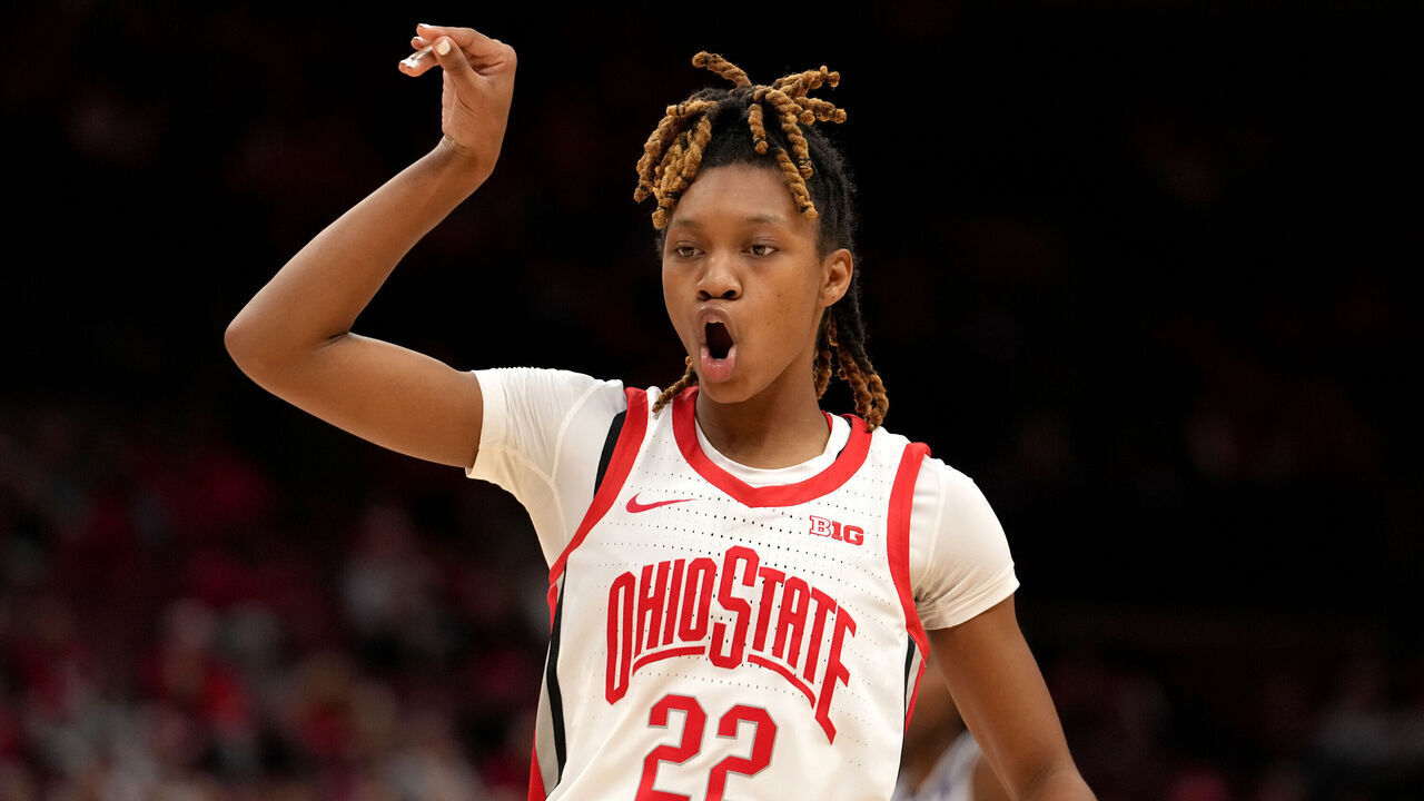 COLUMBUS, OH - JANUARY 05: Ohio State Buckeyes guard Jaloni Cambridge (22) reacts to making a three point basket during the game between the Ohio State Buckeyes and the Northwestern Wildcats at Value City Arena in Columbus, Ohio on January 5, 2025.