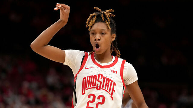 COLUMBUS, OH - JANUARY 05: Ohio State Buckeyes guard Jaloni Cambridge (22) reacts to making a three point basket during the game between the Ohio State Buckeyes and the Northwestern Wildcats at Value City Arena in Columbus, Ohio on January 5, 2025.