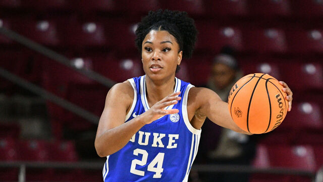 CHESTNUT HILL, MA - JANUARY 02: Duke Blue Devils guard Reigan Richardson (24) handles the ball during a women's college basketball game between the Duke Blue Devils and the Boston College Eagles on January 2, 2025, at Conte Forum in Chestnut Hill, MA.