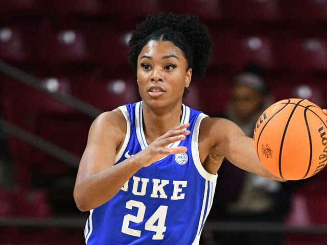 CHESTNUT HILL, MA - JANUARY 02: Duke Blue Devils guard Reigan Richardson (24) handles the ball during a women's college basketball game between the Duke Blue Devils and the Boston College Eagles on January 2, 2025, at Conte Forum in Chestnut Hill, MA.
