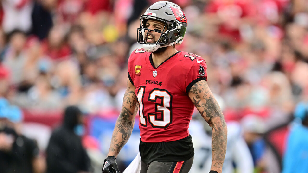 TAMPA, FLORIDA - DECEMBER 29: Mike Evans #13 of the Tampa Bay Buccaneers reacts to making a first down during the third quarter against the Carolina Panthers at Raymond James Stadium on December 29, 2024 in Tampa, Florida.