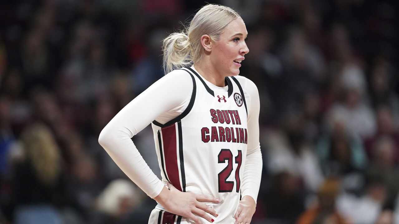 COLUMBIA, SOUTH CAROLINA - DECEMBER 5: Chloe Kitts #21 of the South Carolina Gamecocks stands on the court during the fourth quarter of an NCAA women's basketball game against the Duke Blue Devils at Colonial Life Arena on December 5, 2024 in Columbia, South Carolina. The South Carolina Gamecocks won 81-70.