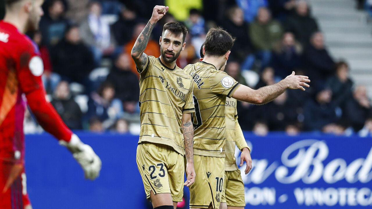 PONFERRADA, SPAIN - JANUARY 05: Brais Mendez of Real Sociedad celebrates a goal during the Copa del Rey, Round of 32, football match played between SD Ponferradina and Real Sociedad at El Toralin stadium on January 05, 2025 in Ponferrada, Leon, Spain.