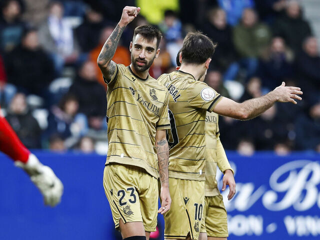 PONFERRADA, SPAIN - JANUARY 05: Brais Mendez of Real Sociedad celebrates a goal during the Copa del Rey, Round of 32, football match played between SD Ponferradina and Real Sociedad at El Toralin stadium on January 05, 2025 in Ponferrada, Leon, Spain.
