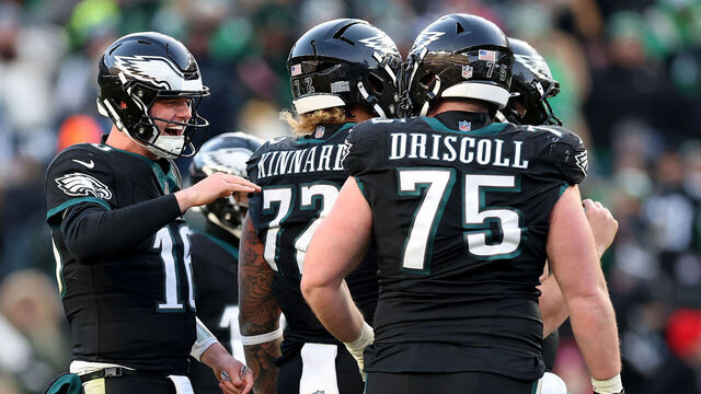 PHILADELPHIA, PENNSYLVANIA - JANUARY 05: Tanner McKee #16 of the Philadelphia Eagles celebrates a New York Giants penalty in the fourth quarter of the game at Lincoln Financial Field on January 05, 2025 in Philadelphia, Pennsylvania.
