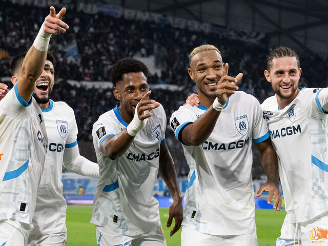 Marseille's French forward #08 Neal Maupay celebrates (L) with Marseille's Panamanian defender #62 Amir Murillo (2nd L), Marseille's Canadian defender #13 Derek Cornelius (2nd R) and Marseille's French midiefdler #25 Adrien Rabiot after scoring his team's third goal during the French L1 football match between Olympique de Marseille (OM) and Le Havre AC at Stade Velodrome in Marseille, southern France on January 5, 2025.