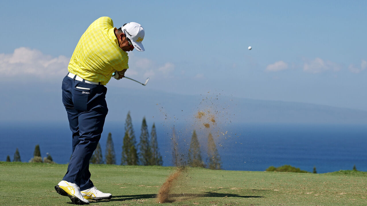 KAPALUA, HAWAII - JANUARY 05: Hideki Matsuyama of Japan plays his shot from the 11th tee during the final round of The Sentry 2025 at Plantation Course at Kapalua Golf Club on January 05, 2025 in Kapalua, Hawaii.