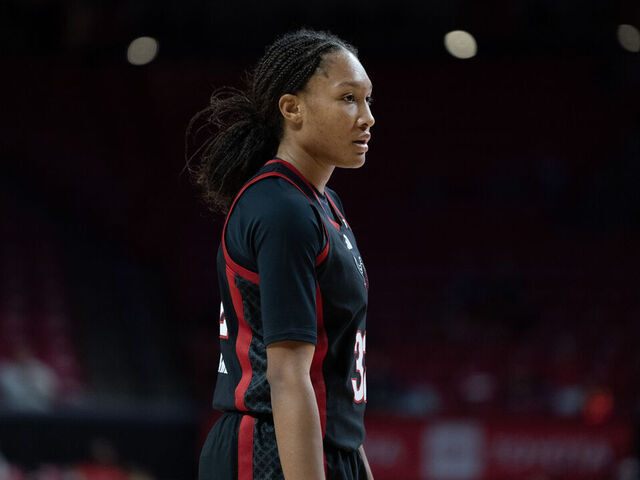 COLLEGE PARK, MD - JANUARY 02: Rutgers Scarlet Knights guard Kiyomi McMiller (32) during a pause in play during a Big10 women's college basketball game between the Maryland Terrapins and the Rutgers Scarlet Knights on January 02, 2025, at Xfinity Center, in College Park, Maryland.