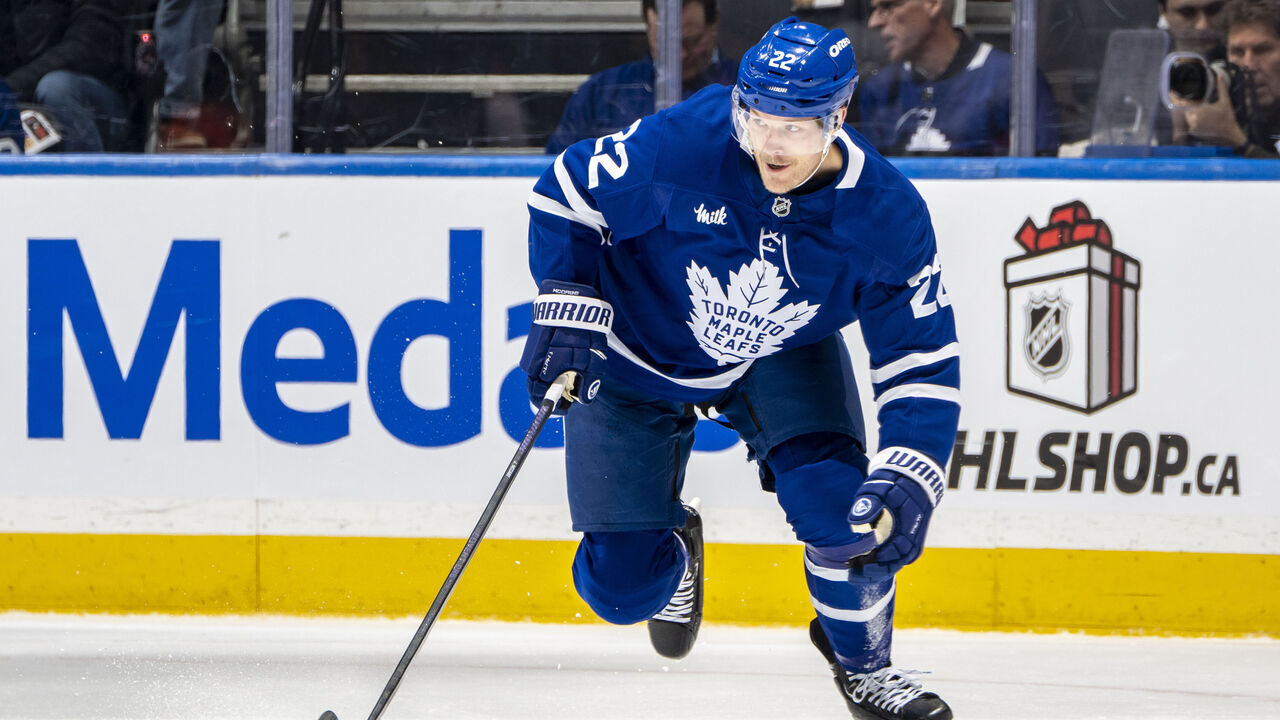 TORONTO, ON - DECEMBER 12: Jake McCabe #22 of the Toronto Maple Leafs skates against the Anaheim Ducks at the Scotiabank Arena on December 12, 2024 in Toronto, Ontario, Canada.