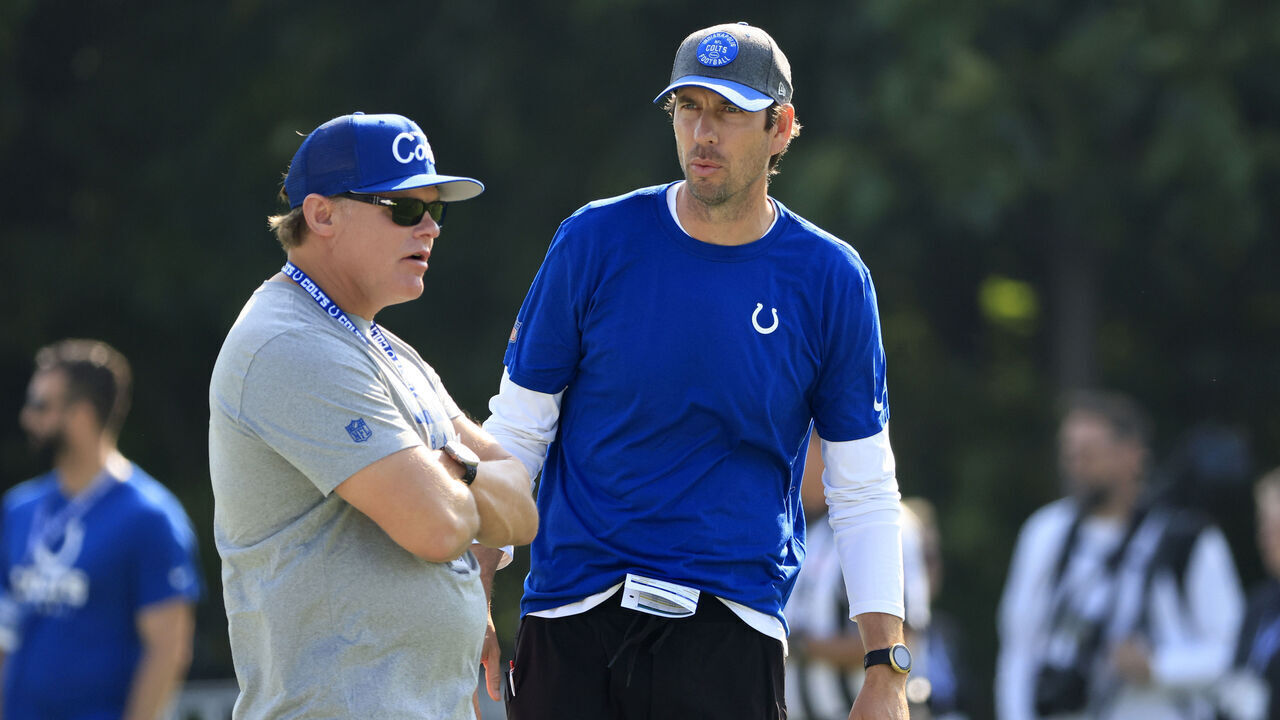 WESTFIELD, INDIANA - JULY 26: Head coach Shane Steichen of the Indianapolis Colts speaks with General Manager Chris Ballard on the first day of the Indianapolis Colts Training Camp at Grand Park Sports Campus on July 26, 2023 in Westfield, Indiana.