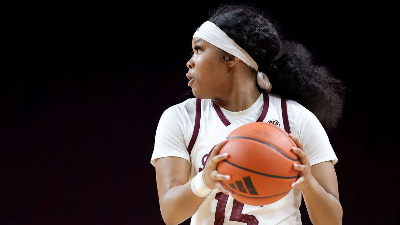 COLLEGE STATION, TEXAS - DECEMBER 16: Sole Williams #15 of the Texas A&M Aggies handles the ball against the Texas Southern Lady Tigers during the first half at Reed Arena on December 16, 2024 in College Station, Texas.