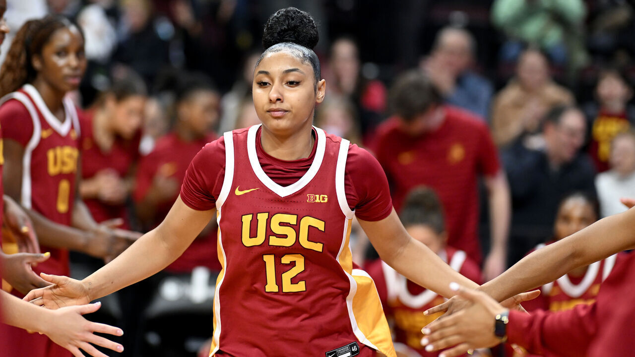 PISCATAWAY, NEW JERSEY - JANUARY 05: JuJu Watkins #12 of the USC Trojans is introduced before the game against the Rutgers Scarlet Knights at Jersey Mike's Arena on January 05, 2025 in Piscataway, New Jersey.
