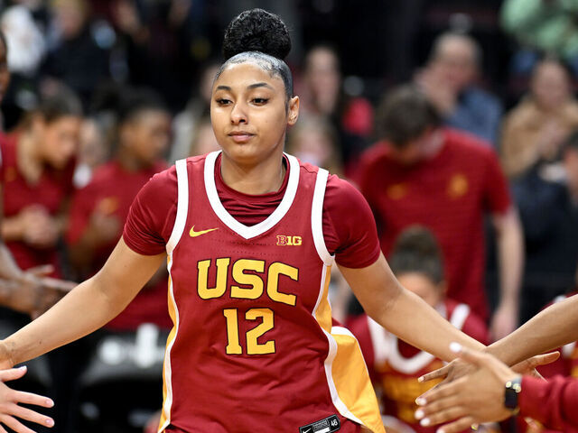 PISCATAWAY, NEW JERSEY - JANUARY 05: JuJu Watkins #12 of the USC Trojans is introduced before the game against the Rutgers Scarlet Knights at Jersey Mike's Arena on January 05, 2025 in Piscataway, New Jersey.