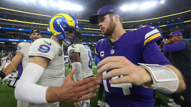 INGLEWOOD, CALIFORNIA - OCTOBER 24: Matthew Stafford #9 of the Los Angeles Rams greets Sam Darnold #14 of the Minnesota Vikings after the Rams defeated the Vikings 30-20 at SoFi Stadium on October 24, 2024 in Inglewood, California.