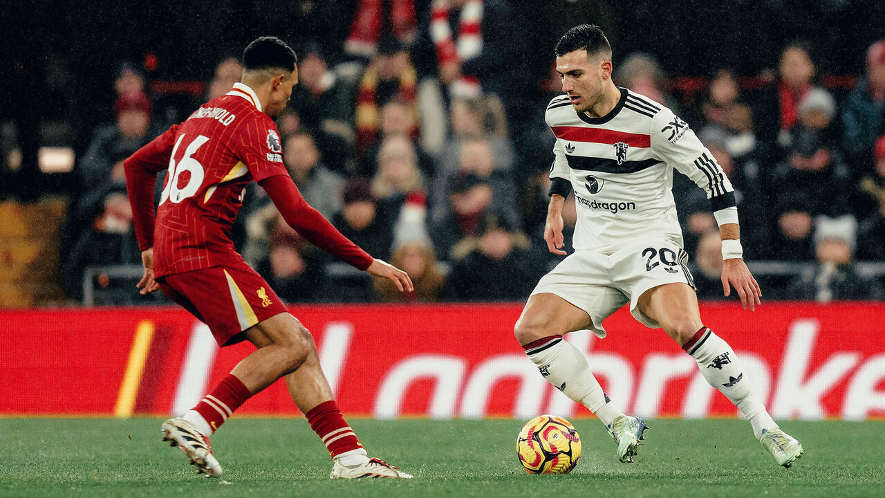 LIVERPOOL, ENGLAND - JANUARY 05: Diogo Dalot of Manchester United in action during the Premier League match between Liverpool FC and Manchester United FC at Anfield on January 05, 2025 in Liverpool, England.