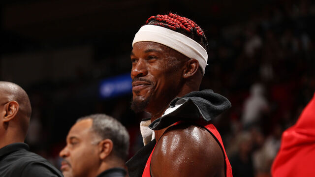 MIAMI, FL - NOVEMBER 18: Jimmy Butler #22 of the Miami Heat smiles during the game against the Philadelphia 76ers on November 18, 2024 at Kaseya Center in Miami, Florida. Mandatory Copyright Notice: Copyright 2024 NBAE